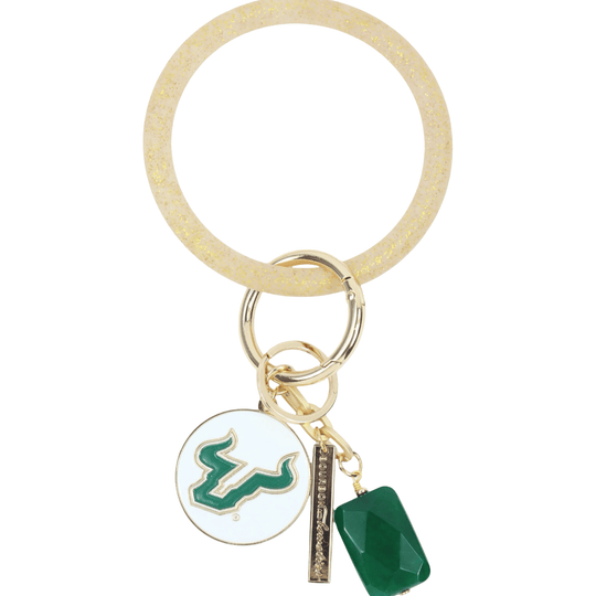 South Florida Bulls Bracelet Key Ring with Emerald Stone and Bull Charm