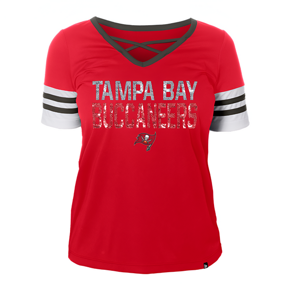 Tampa Bay Buccaneers Women's Sequins Wordmark Criss-Cross V-Neck Tee