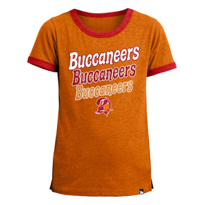 Tampa Bay Buccaneers Youth Girls Retro Repeat Glitter Ringer Tee